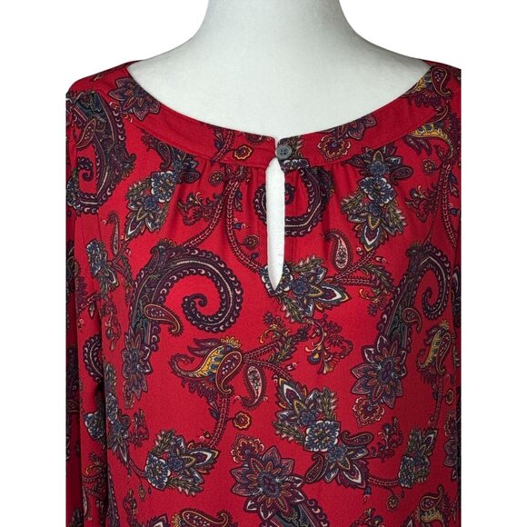Loft Womens Blouse Size M Red Paisley Boatneck Long Sleeve Boho Artsy Maximalism - Picture 5 of 7